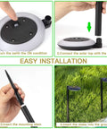 Installation steps of Outdoor Solar Path Lights Waterproof Landscape Pathway Lighting Kit showing components and assembly process