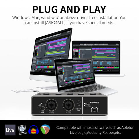 USB Audio Interface For PC With Touch Model 16 Bit 48 kHz Audio Quality DSP Effects 48V Phantom Power XLR Input shown with laptops