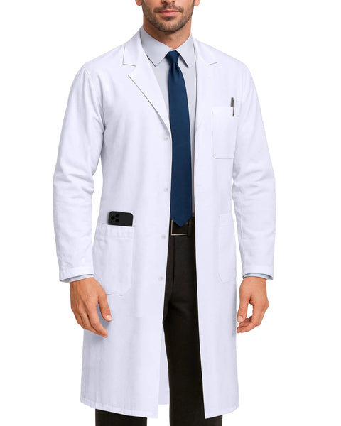 Pro Grade White Lab Coat For Men With Long Sleeves, Medical Coat With Side Slit For Easy Pocket Access, Size Large, worn by model