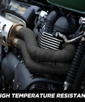 Exhaust Heat Wrap Kit 2 Inch 16 Foot High Temp Fiberglass Header Wrap installed on motorcycle engine for thermal protection