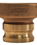 Genuine Heavy Duty Brass Cam And Groove Adapter for smooth rail tank car liquid transfer, showing brass connector details.