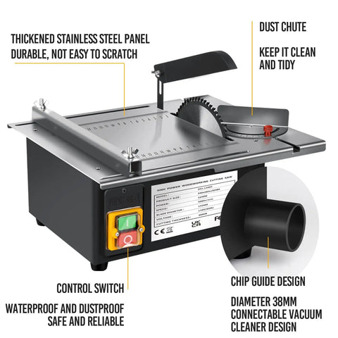 Portable Table Saw with Dust Port for Connecting Dust Collector, 1200W Motor, 5000 RPM, control switch and dust chute detail