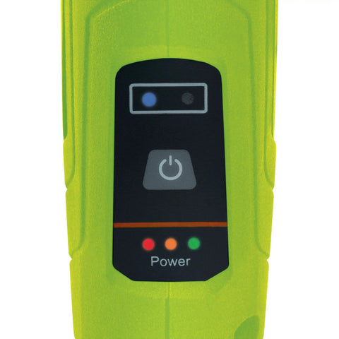 Ultra Compact Cordless Heat Gun Rechargeable 600 Degrees Fahrenheit Max Heat In Seconds power button on green body