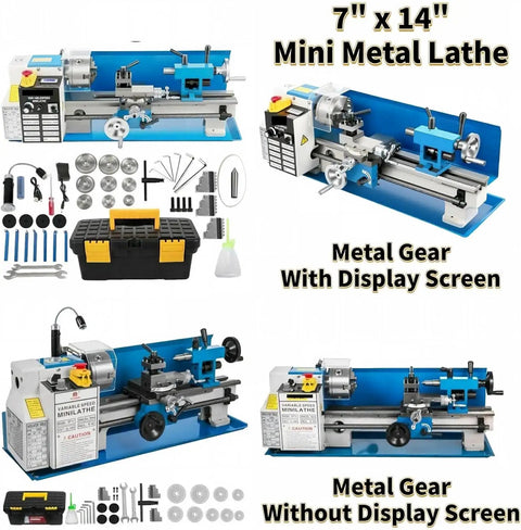 Heavy Duty Min Metal Lathe 7x14 Inch Benchtop Precision Machine with tools and accessories for turning and drilling projects.