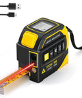4-In-1 Digital Laser Tape Measure With 328 Ft Range And 16 Ft AutoLock Tape, Dual-Axis Leveling, Cross-Line Leveling, Class II Laser Output Under 1 mW, Built For DIYers, Pros, And Home Reno Projects. Black and yellow laser tape measure with 16 ft tape and red laser line