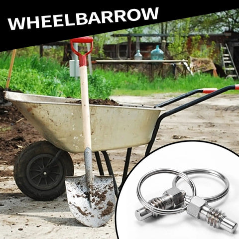 Snag This Badass 2Pack Stainless Steel Spring Plunger Kit With Pull Ring Offering Nonlocking Stubby Design Plus 3/8-16 Threads. Image showing a wheelbarrow with shovel and plunger kit.