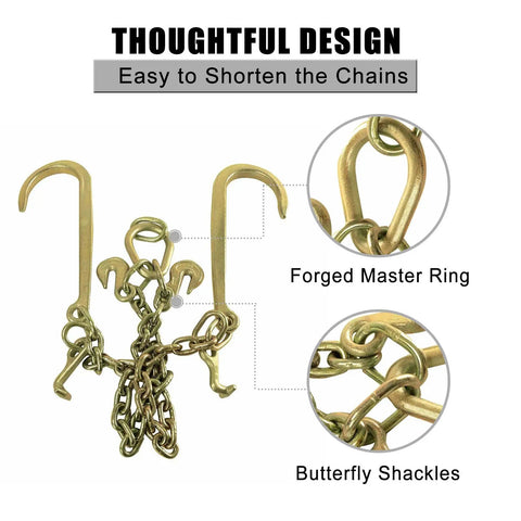 Three Eighths Inch Steel Towing Chain Bridle With 2 Ft Length, V Type Tow Chain, 15 Inch J Hooks, 2 Inch Legs, 7800 Lbs Safe Working Load