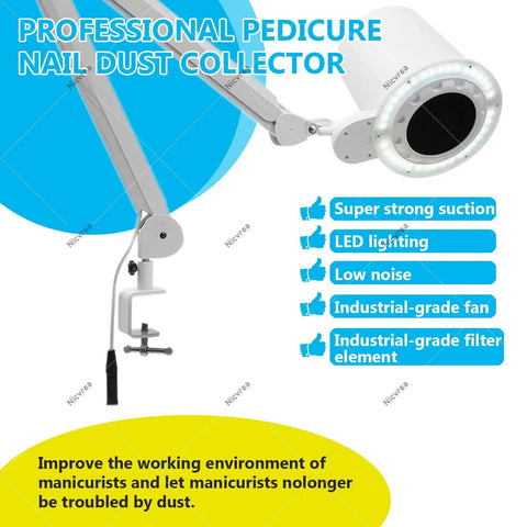 80W Pro Grade Nail Dust Collector With Adjustable Suction And Built In Lighting, shown with universal table mount clamp