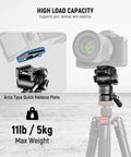 Heavy Duty Fluid Video Head With Adjustable Leveling Base And Arca Type Quick Release Plate Telescopic Grip showcasing Arca plate and load capacity.