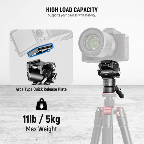 Heavy Duty Fluid Video Head With Adjustable Leveling Base And Arca Type Quick Release Plate Telescopic Grip showcasing Arca plate and load capacity.