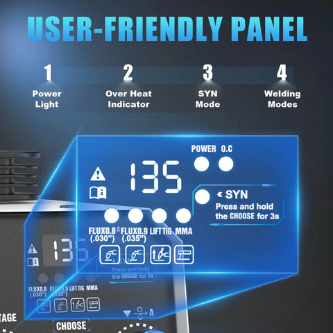 User-friendly panel of 135 Amp Flux Core MIG Welder With Auto Darkening Helmet, showing controls and indicators.