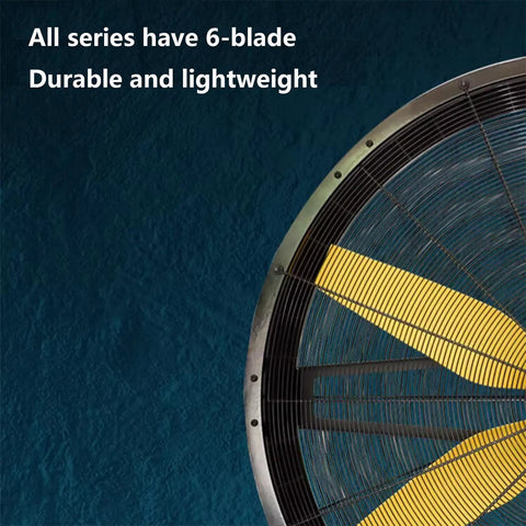 Rugged Heavy Duty Metal Floor Fan Blasting High Velocity Air And Smooth 360 Adjustable Tilt showing 6-blade design for efficient cooling.