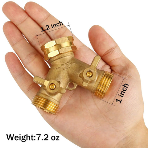 Heavy Duty Brass Garden Hose Splitter 2 Way Faucet Adapter For Outdoor Use With Easy On Off Handles Rust Proof And High Pressure Compatible Durable Outdoor Water Splitter, 1.2 inch