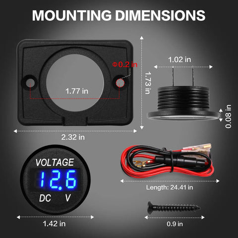 Ride-Ready Round Digital Voltage Gauge For Marine, Automotive, Motorcycle, Car, Truck, And RV 12V 24V 36V Battery Monitor With Blue LED Display, Flexible Mounting Panel Or Direct Mount, Clear Readout, 1.42 in