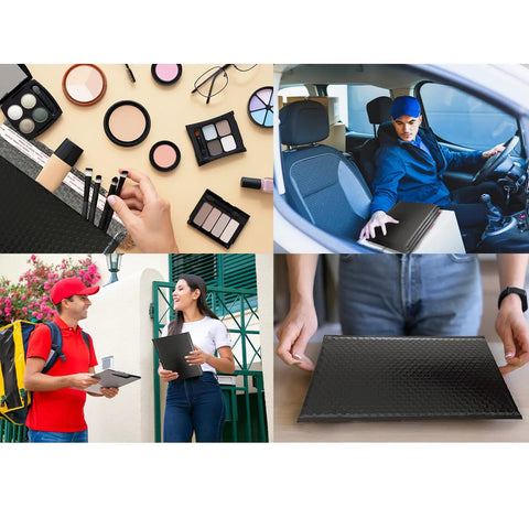 Collage of 8.5x11 Inch Bubble Mailers 9x12 Outer Size Heavy Duty Black Padded Self Seal Waterproof Shipping Envelopes