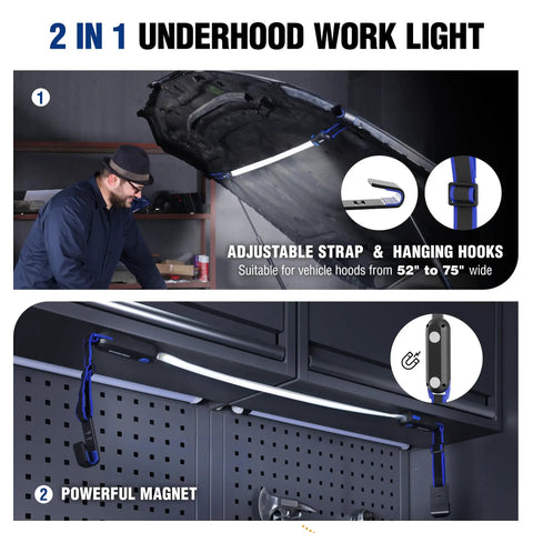Man using 25 Inch LED Underhood Work Light With Foldable Bar Three Lighting Modes Low Medium High Magnetic And Adjustable Straps And Hooks