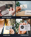 Collection of ID cards including membership, business, student, and employee IDs showcasing Top Shelf Blank PVC Cards CR80 Size White Plastic Zero Gripes Printing.