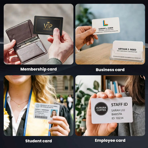 Collection of ID cards including membership, business, student, and employee IDs showcasing Top Shelf Blank PVC Cards CR80 Size White Plastic Zero Gripes Printing.