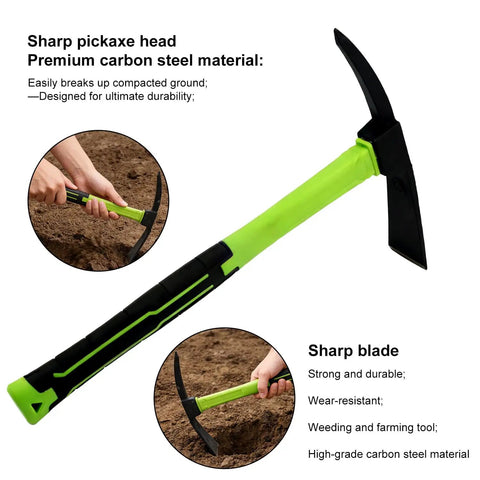 Heavy Duty Garden Hoe And Hand Rake Set With Non Slip Handles Including A Handy Pick Axe For Digging Weeding Cultivating