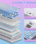Exploded view of Tri Mode Wireless Gaming Keyboard With Bluetooth Five Point Zero And Usb Cable Fast Switching Mechanical Keys.