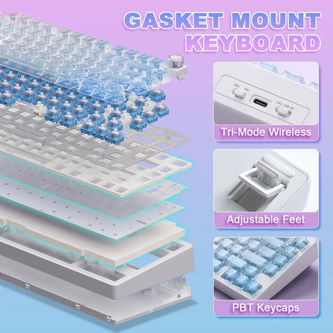 Exploded view of Tri Mode Wireless Gaming Keyboard With Bluetooth Five Point Zero And Usb Cable Fast Switching Mechanical Keys.