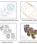 Three Sets Of Funny Embroidery Kits For Beginners With Flower Wreath Pattern And Funny Words Pattern DIY Easy Cross Stitch And Needlepoint Starter Kit For Adults Includes Clear Instructions And Colorful Threads displayed with cloth, hoops, and threads.
