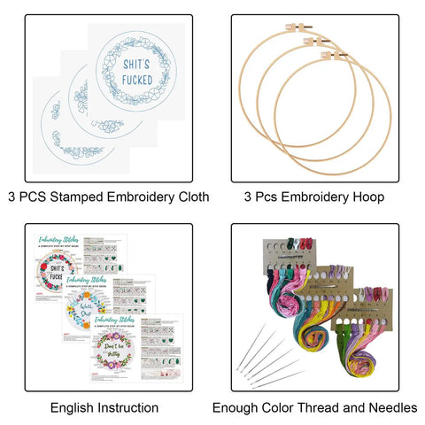 Three Sets Of Funny Embroidery Kits For Beginners With Flower Wreath Pattern And Funny Words Pattern DIY Easy Cross Stitch And Needlepoint Starter Kit For Adults Includes Clear Instructions And Colorful Threads displayed with cloth, hoops, and threads.