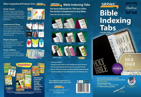Slick Gold Edged Self Adhesive Bible Tabs For Old And New Testament Plus Catholic Books Quick Reference Page Markers 90 pack with gold edges.