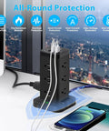 Beefy Power Strip Tower With USB Ports And Surge Protector 12 Outlets And 4 USB Ports Including USB C 10 Ft Extension Cord in use on desk.