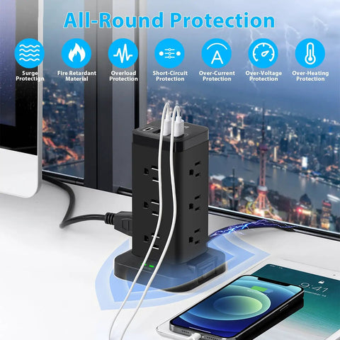 Beefy Power Strip Tower With USB Ports And Surge Protector 12 Outlets And 4 USB Ports Including USB C 10 Ft Extension Cord in use on desk.