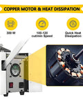Automatic Heat Shrink Tubing Cutter With 300W Microcomputer Control For Precise Pipe And Cable Cutting Cold Die Function Ideal For Pvc Tape Strap Processing, showing copper motor details and heat dissipation features.