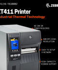 Heavy Duty Thermal Industrial Printer Serving Crisp 600 DPI Prints And Seamless Bluetooth USB Serial Ethernet Quick Hook Ups With A Badass Rigid Frame Built Different For Non Stop Warehouse Label Grind, ZT411 model with touchscreen.