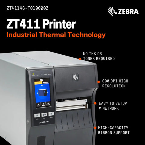 Heavy Duty Thermal Industrial Printer Serving Crisp 600 DPI Prints And Seamless Bluetooth USB Serial Ethernet Quick Hook Ups With A Badass Rigid Frame Built Different For Non Stop Warehouse Label Grind, ZT411 model with touchscreen.