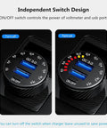 Image of 36W Dual USB Quick Charge 3.0 Car Charger Adapter with ON/OFF switch design, voltmeter display and dual USB ports.