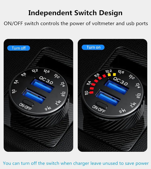Image of 36W Dual USB Quick Charge 3.0 Car Charger Adapter with ON/OFF switch design, voltmeter display and dual USB ports.
