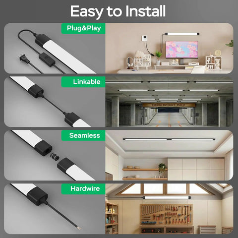 Linkable 2Ft LED Garage Light Ceiling Fixture With 5000K Daylight Tube, 18W overhead bar installed in various settings.