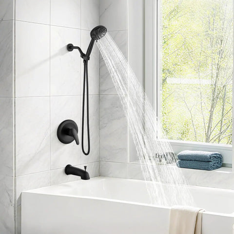 Rock Solid Matte Black Tub And Shower Faucet Set With Internal Valve Six Spray Handheld Head For Smooth Bathroom Upgrades And Hassle Free Daily Use