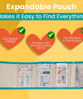 Teal expandable travel first aid kit for kids in a compact zip pouch with 75 pieces, TSA-approved.