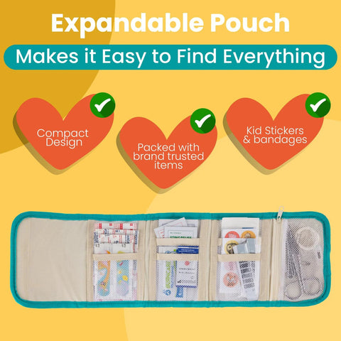 Teal expandable travel first aid kit for kids in a compact zip pouch with 75 pieces, TSA-approved.