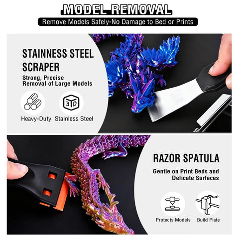 Stainless steel scraper and razor spatula from 52 Piece 3D Printer Tools Kit For FDM And SLA Printers with models for removal.