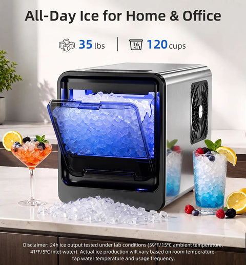 Portable Countertop Nugget Ice Maker Produces Thirty Five Pounds Of Fresh Pebble Ice Daily With Lightning Fast Five Minute Cycles, sleek design with ice.
