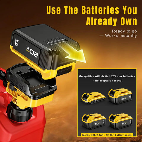 Cordless Fuel Transfer Pump For 20V Max Battery Gas Cans Three Point Seven GPM Fast Flow Portable Pump That Lets You Move Fuel Quickly Without Hand Pumping Fits Wide Mouth Can Openings Over Thirty Six Millimeters Battery Not Included. 20V battery view