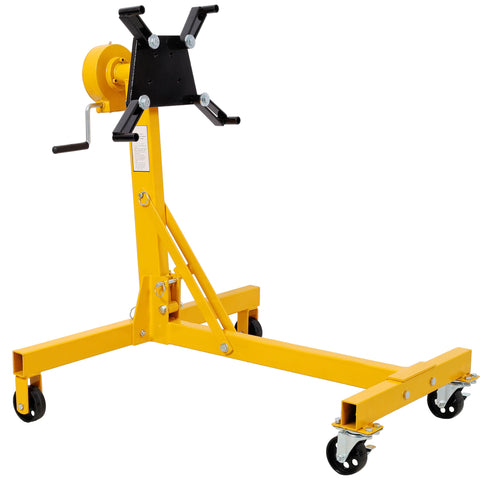 Tough As Nails Heavy Duty Engine Stand Holds Strong At One Thousand Pounds With Smooth Three Sixty Geared Rotating Head Adjustable Locking Pins And Four Ball Bearing Casters, yellow steel frame with rotating top and casters.