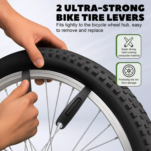 Hands using tire lever on Fat Bike Tube 20X4.0 With Schrader Valve Butyl Rubber Inner Tube for Electric Bikes, close-up view.