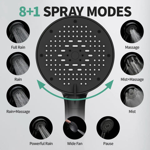 Diagram of 9 spray modes for 12 Inch Rain Shower Head With NSF Filtered Handheld Spa Like Combo High Pressure Rainfall Shower Head 9 Spray Modes Handheld With 9 Inch Extension Arm Includes Chlorine Removing Filter Dark Gray.
