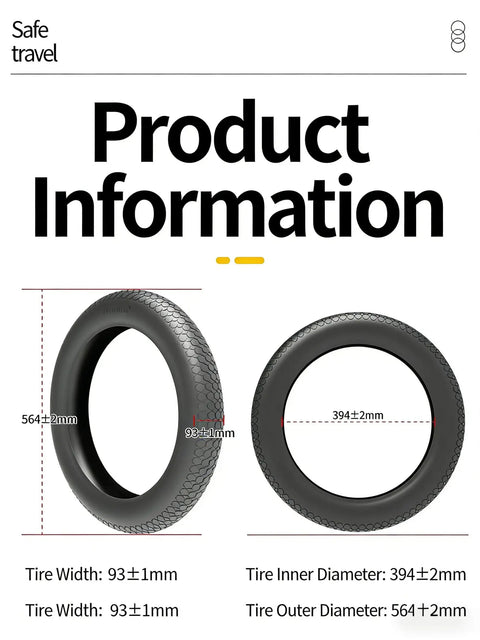 20x4 Fat Bike Tire With Beefed Up Armor Protector And Inner Tube For E Bikes And Gravel Rides, dimensions and safety info displayed