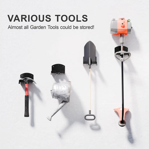 Heavy Duty Weed Wacker Wall Rack For Garage Storage with tools mounted on hooks against a white background
