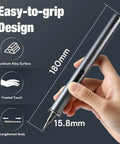 Hand holding Mini Electric Screwdriver Kit, 18.0mm diameter, showing aluminum alloy surface and frosted touch, perfect for tech repairs.
