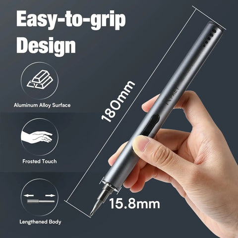 Hand holding Mini Electric Screwdriver Kit, 18.0mm diameter, showing aluminum alloy surface and frosted touch, perfect for tech repairs.