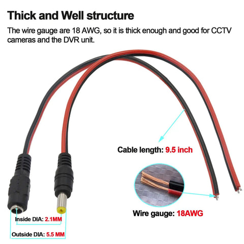 Real Thick 18 AWG DC Pigtail Barrel Plug Connector Cable 10 Pair 12V 5A Heavy Gauge Power Leads With 0.14mm Copper Strands For DIY Projects Battery Cable RC Car, 9.5 inch leads